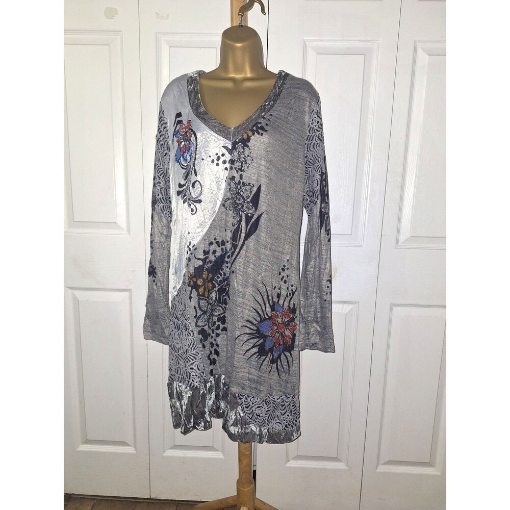 Jack Jinger Beige Floral Dress XL Velvet Beaded Embroidered Art Boho Mixed Media
